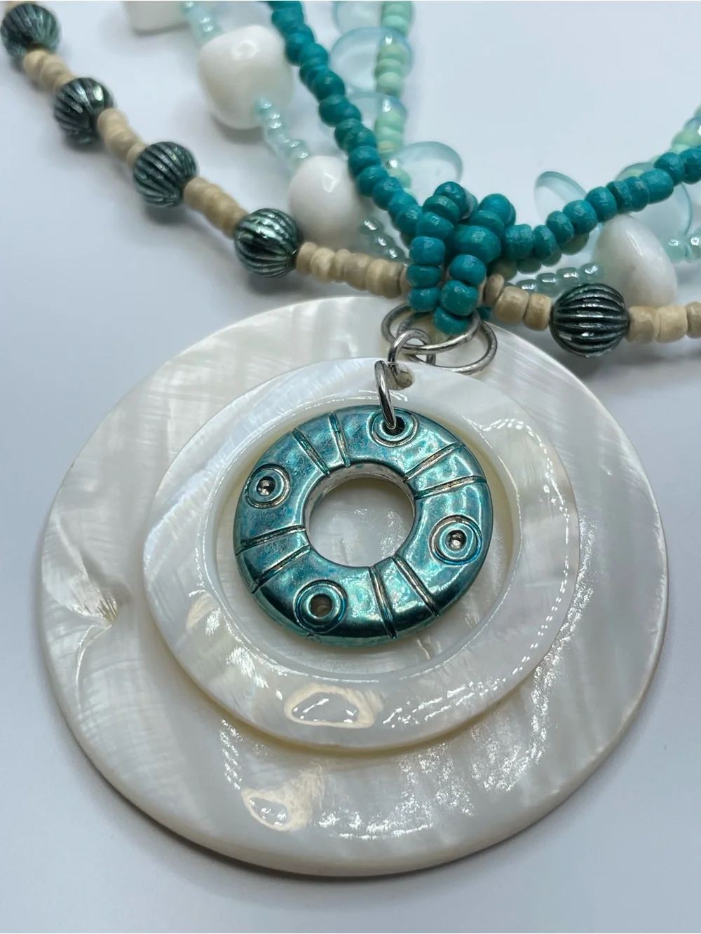 Mother Of Pearl Disc Multi Strand Beaded Beach Statement Necklace Boho Bold